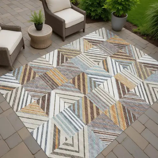 Taupe Brown And Blue Patchwork Washable Indoor Outdoor Area Rug Photo 6