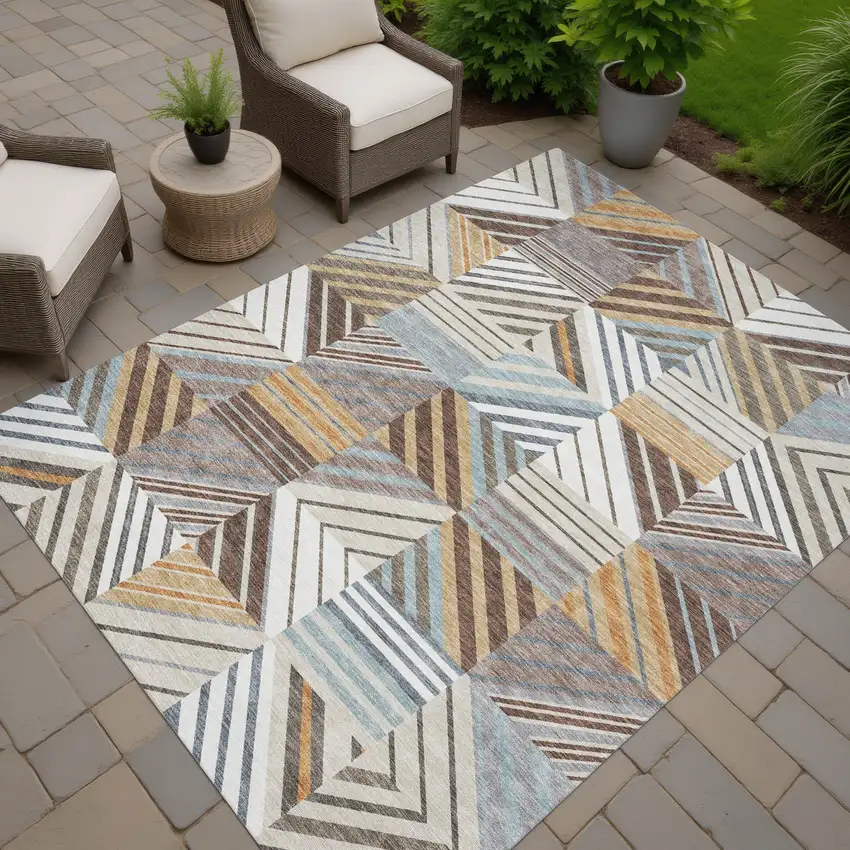 Taupe Brown And Blue Patchwork Washable Indoor Outdoor Area Rug Photo 6