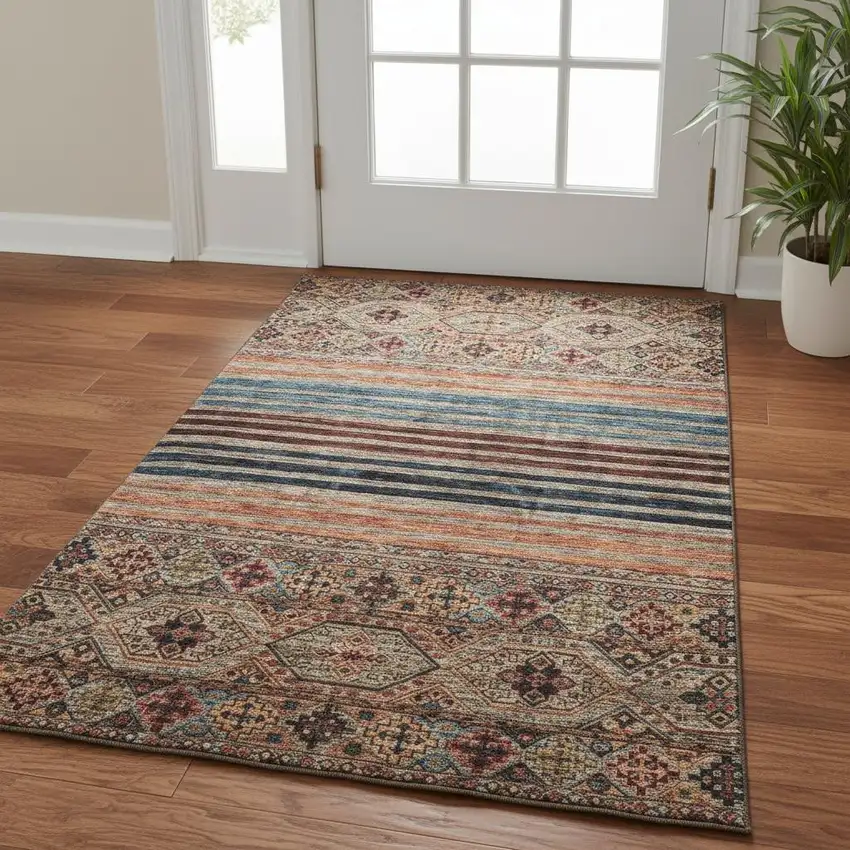 Taupe Brown And Blue Striped Washable Area Rug With UV Protection Photo 2