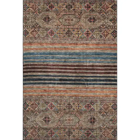 Taupe Brown And Blue Striped Washable Area Rug With UV Protection Photo 1
