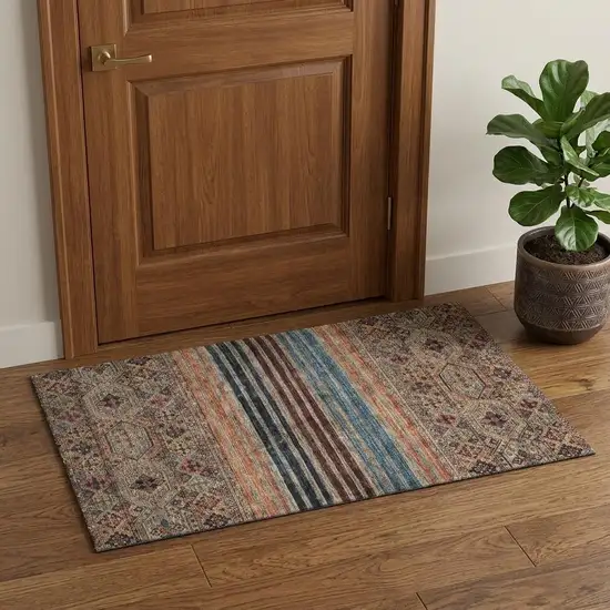 Taupe Brown And Blue Striped Washable Area Rug With UV Protection Photo 1
