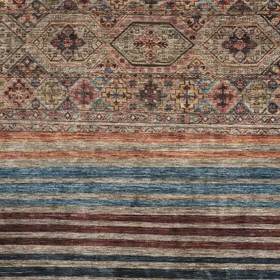 Taupe Brown And Blue Striped Washable Area Rug With UV Protection Photo 2