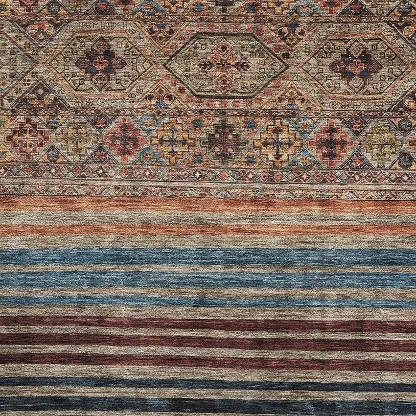 Taupe Brown And Blue Striped Washable Area Rug With UV Protection Photo 2