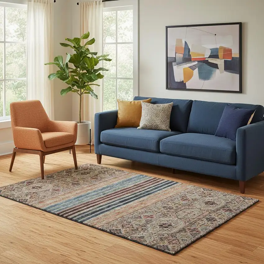 Taupe Brown And Blue Striped Washable Area Rug With UV Protection Photo 2