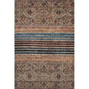 Photo of Taupe Brown And Blue Striped Washable Area Rug With UV Protection