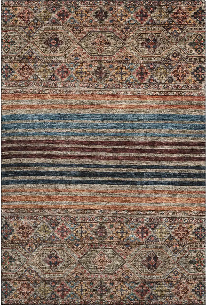 Taupe Brown And Blue Striped Washable Area Rug With UV Protection Photo 1