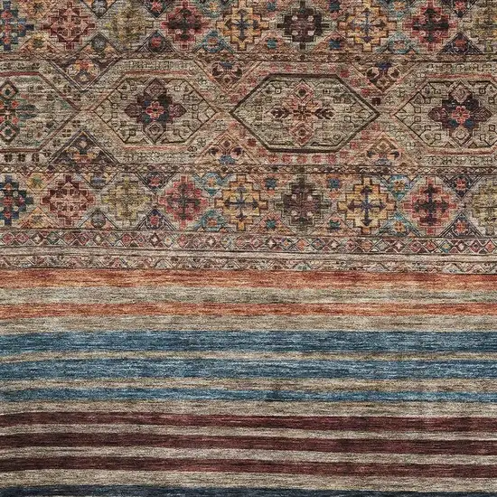 Taupe Brown And Blue Striped Washable Area Rug With UV Protection Photo 2