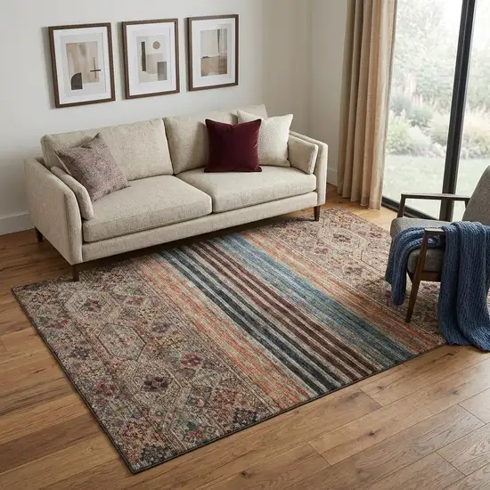 Taupe Brown And Blue Striped Washable Area Rug With UV Protection Photo 1