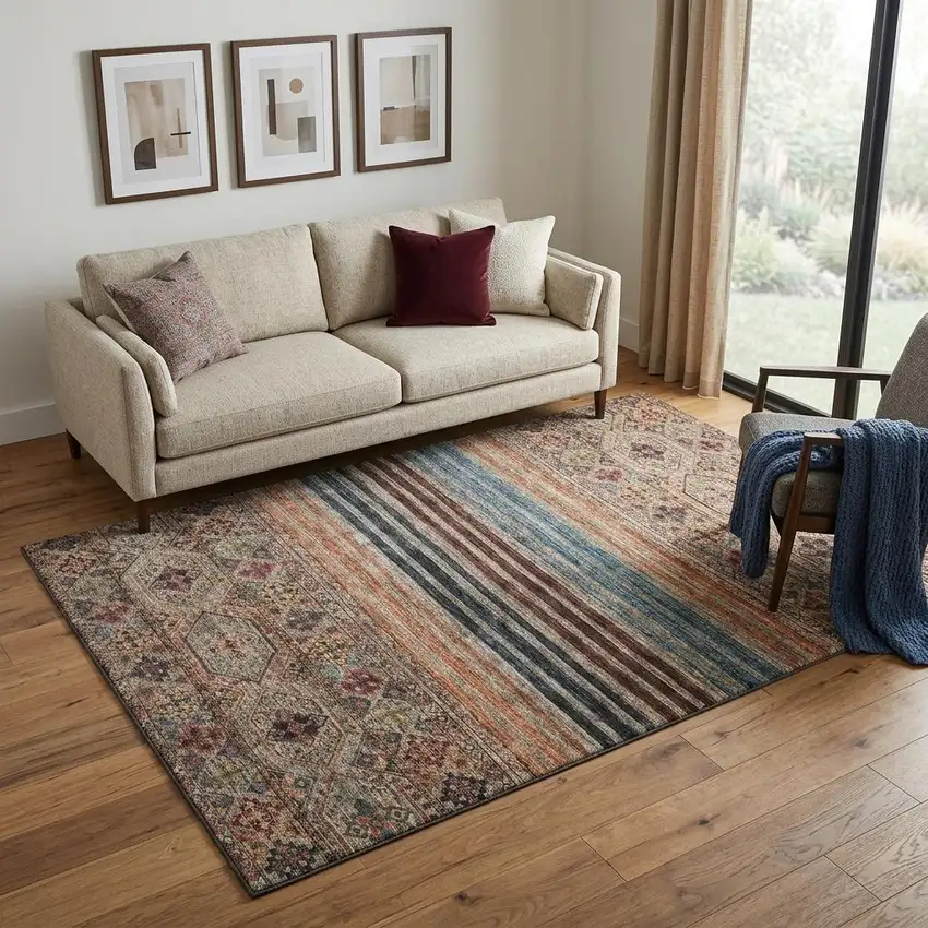 Taupe Brown And Blue Striped Washable Area Rug With UV Protection Photo 1