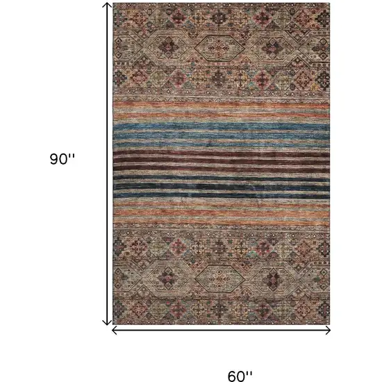 Taupe Brown And Blue Striped Washable Area Rug With UV Protection Photo 8