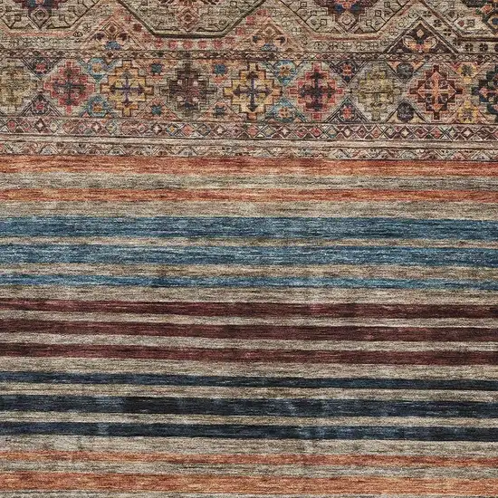 Taupe Brown And Blue Striped Washable Area Rug With UV Protection Photo 2