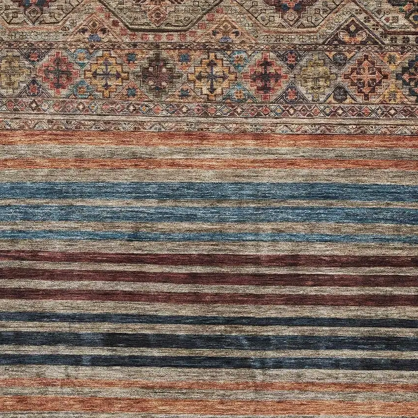 Taupe Brown And Blue Striped Washable Area Rug With UV Protection Photo 2