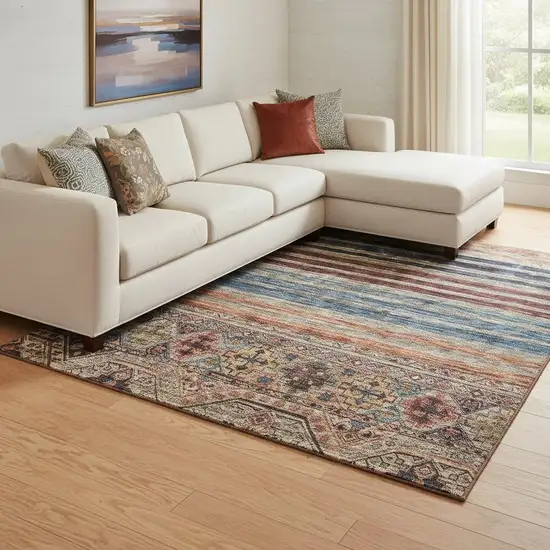 Taupe Brown And Blue Striped Washable Area Rug With UV Protection Photo 2