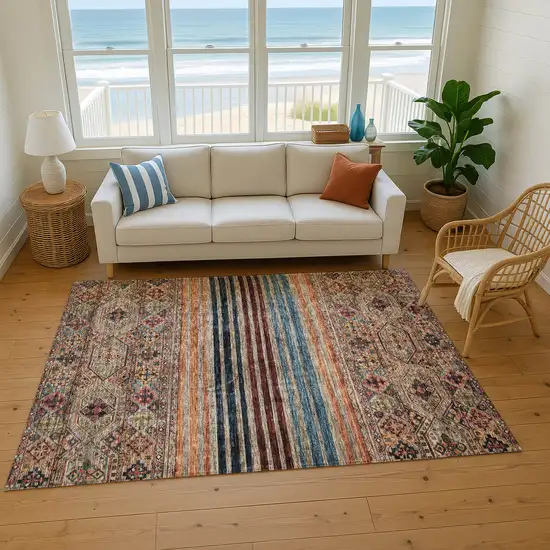 Taupe Brown And Blue Striped Washable Area Rug With UV Protection Photo 5