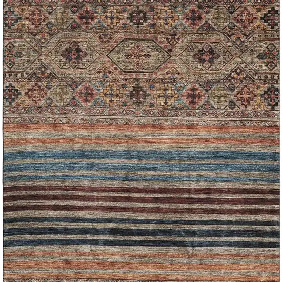 Taupe Brown And Blue Striped Washable Area Rug With UV Protection Photo 3