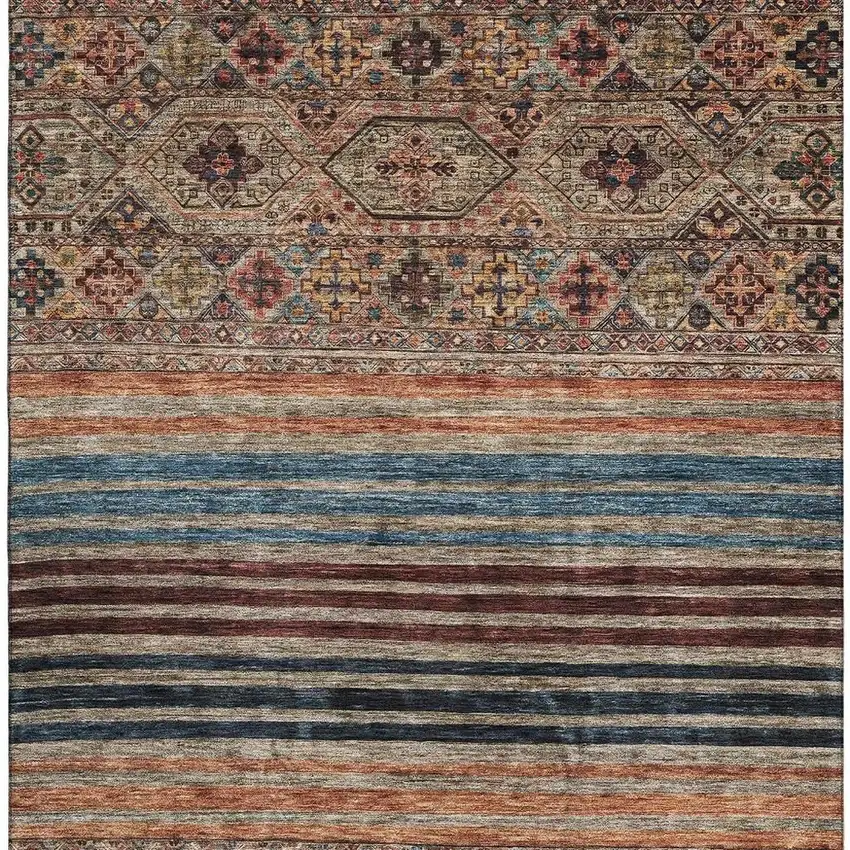 Taupe Brown And Blue Striped Washable Area Rug With UV Protection Photo 3