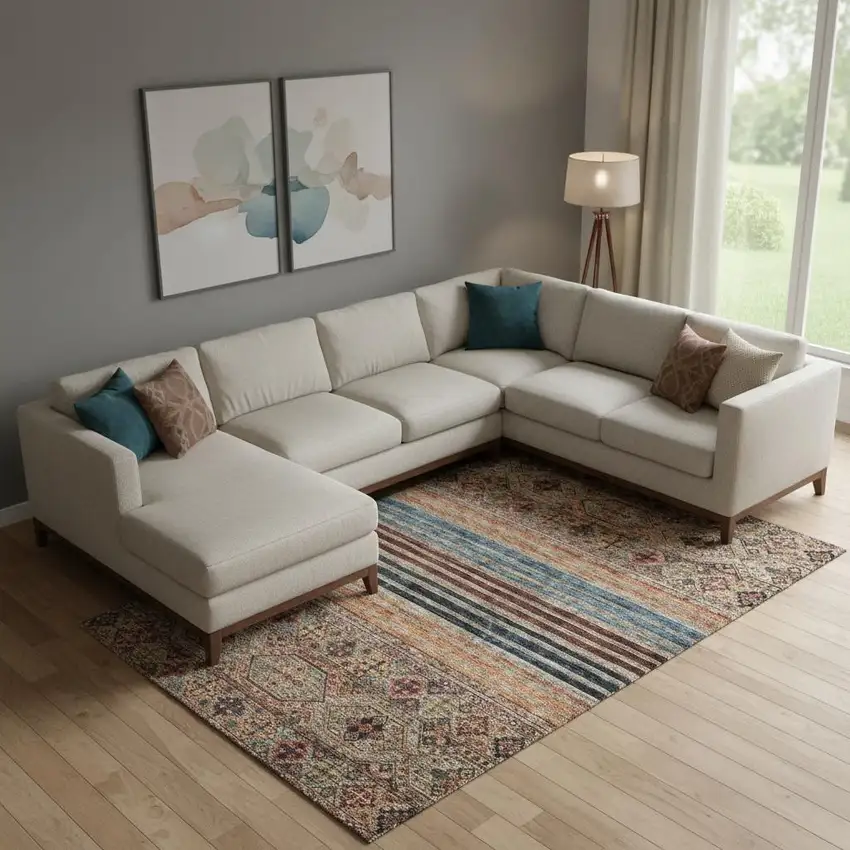 Taupe Brown And Blue Striped Washable Area Rug With UV Protection Photo 2