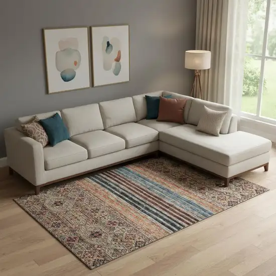 Taupe Brown And Blue Striped Washable Area Rug With UV Protection Photo 2