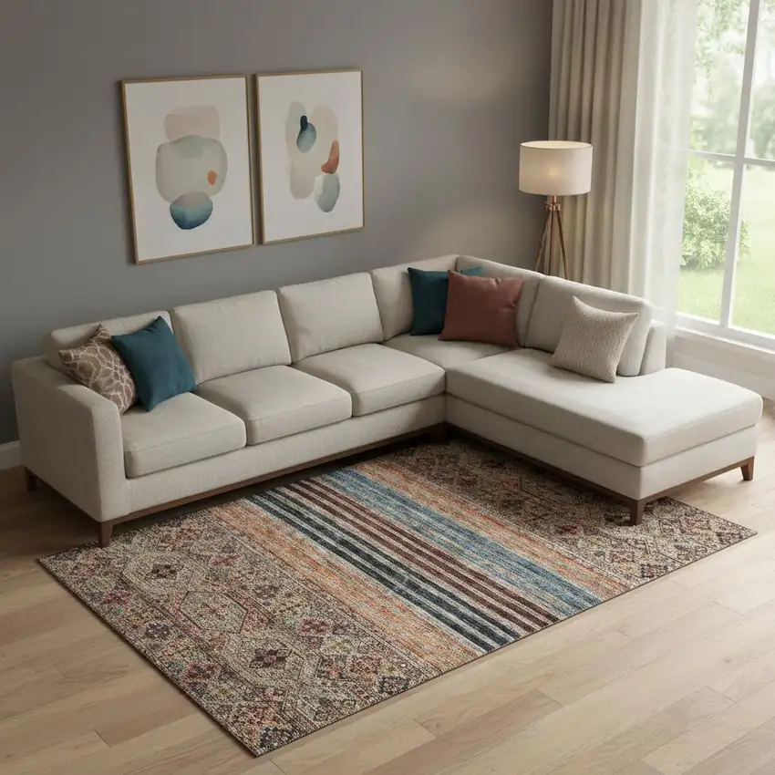 Taupe Brown And Blue Striped Washable Area Rug With UV Protection Photo 2