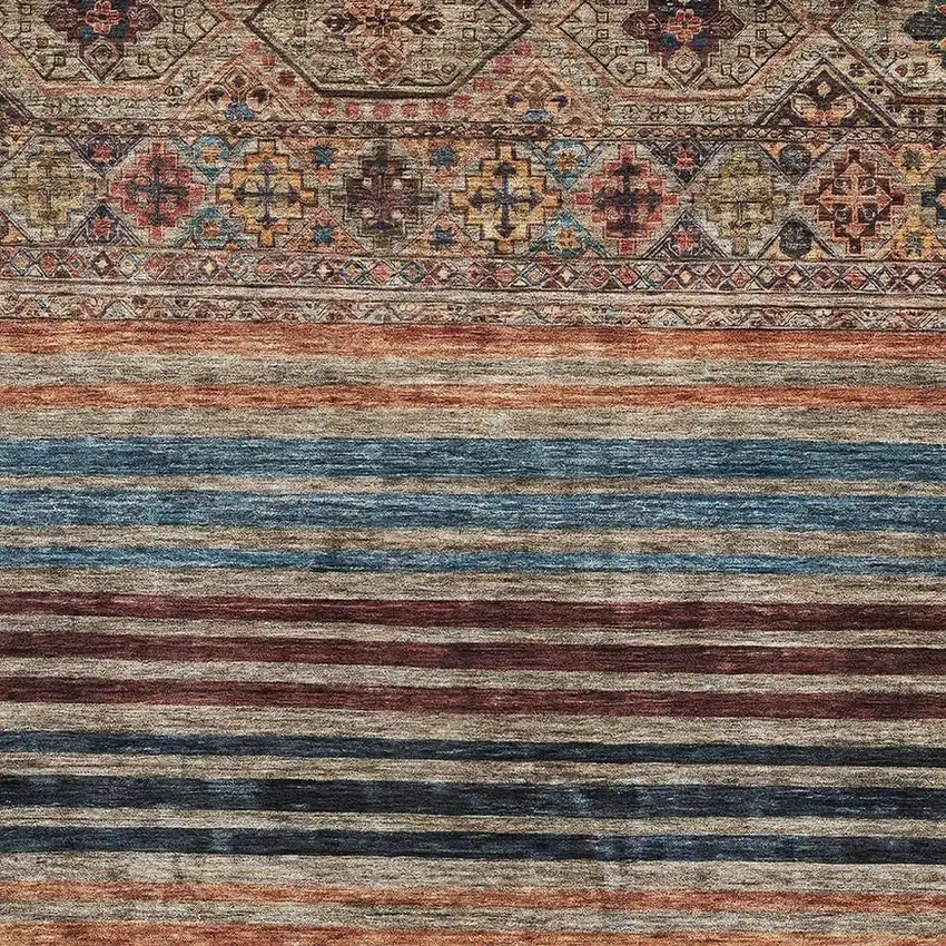 Taupe Brown And Blue Striped Washable Area Rug With UV Protection Photo 2