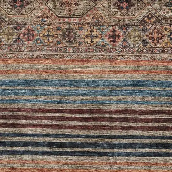 Taupe Brown And Blue Striped Washable Area Rug With UV Protection Photo 2