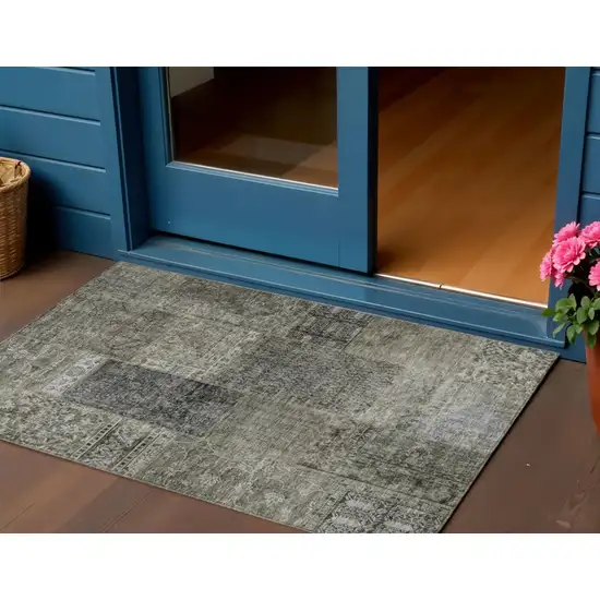 Taupe Brown And Charcoal Patchwork Washable Indoor Outdoor Area Rug Photo 1