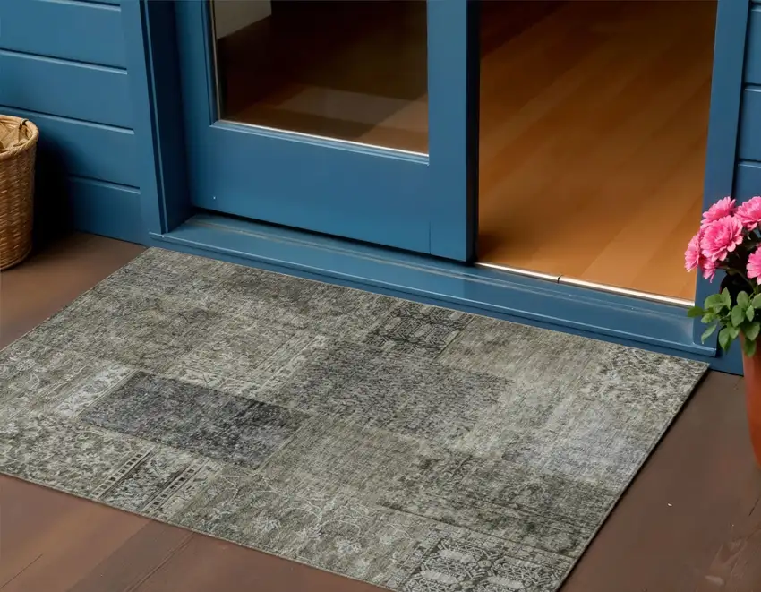 Taupe Brown And Charcoal Patchwork Washable Indoor Outdoor Area Rug Photo 1