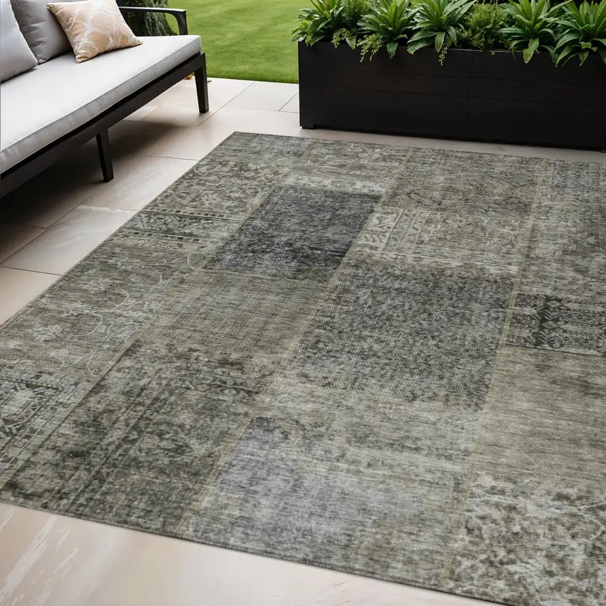 Taupe Brown And Charcoal Patchwork Washable Indoor Outdoor Area Rug Photo 1
