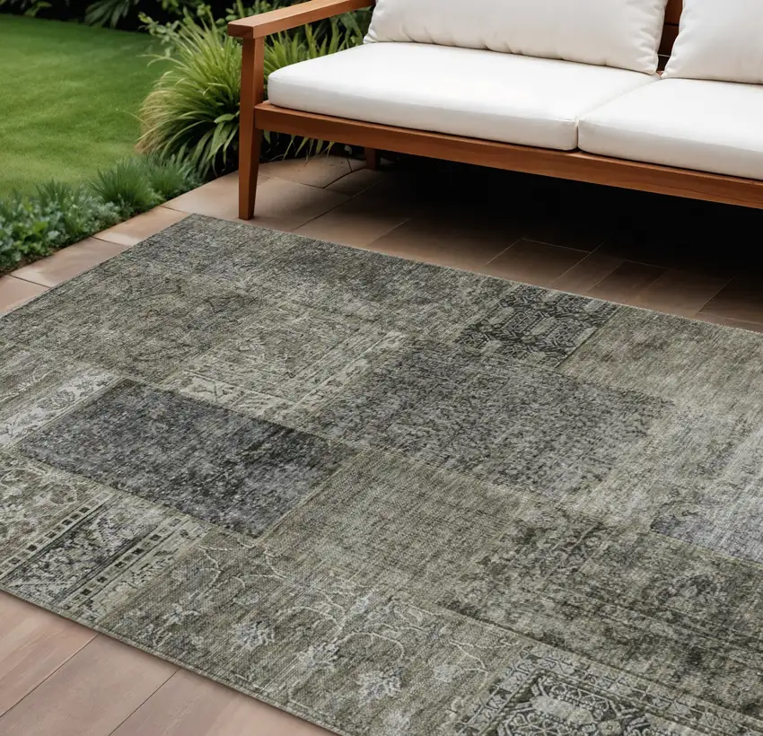 Taupe Brown And Charcoal Patchwork Washable Indoor Outdoor Area Rug Photo 1