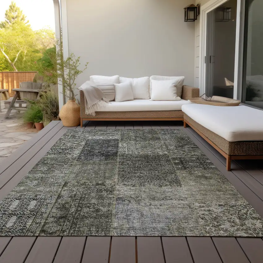 Taupe Brown And Charcoal Patchwork Washable Indoor Outdoor Area Rug Photo 9