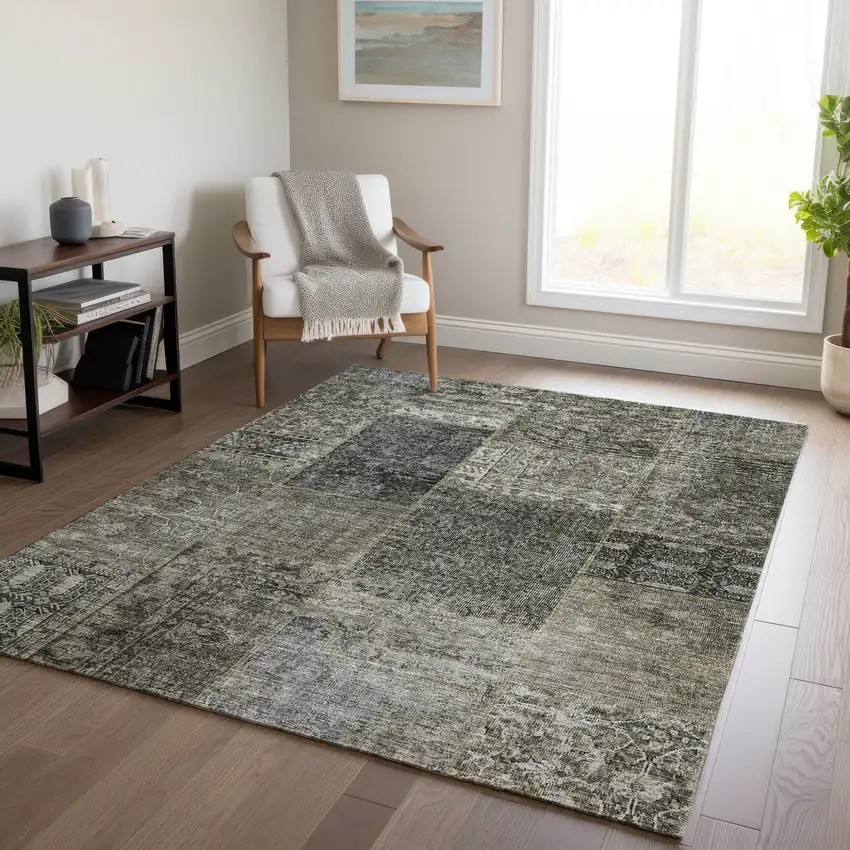 Taupe Brown And Charcoal Patchwork Washable Indoor Outdoor Area Rug Photo 9