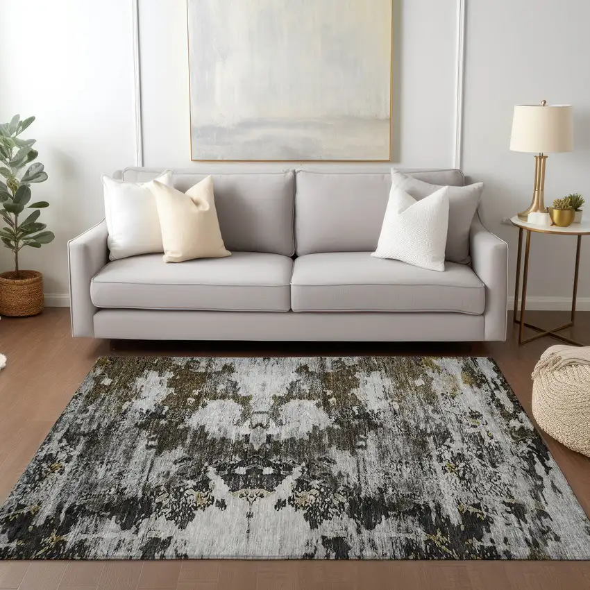 Taupe Brown And Gold Abstract Washable Indoor Outdoor Area Rug Photo 8