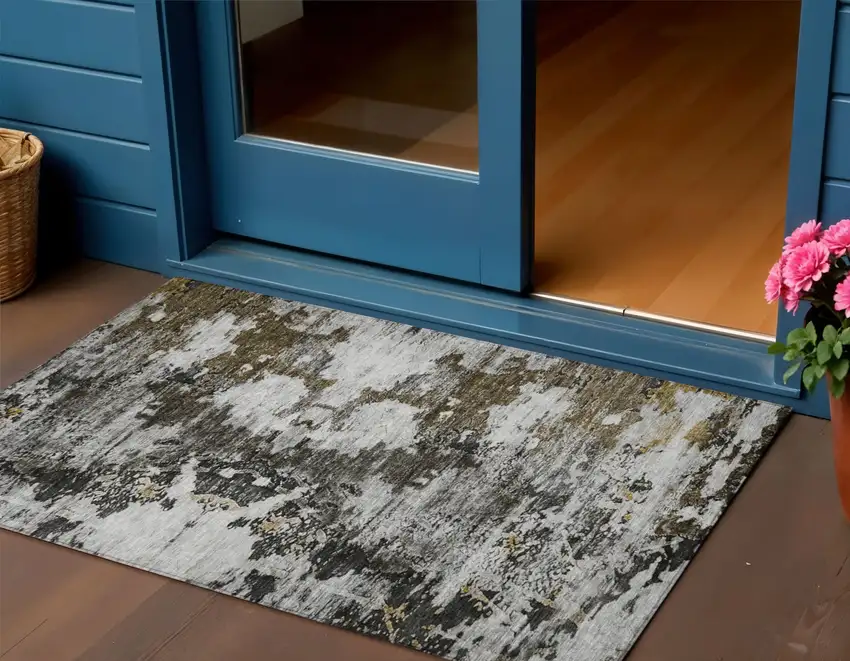 Taupe Brown And Gold Abstract Washable Indoor Outdoor Area Rug Photo 1
