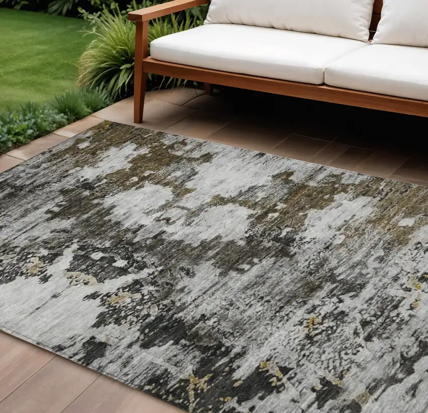 Taupe Brown And Gold Abstract Washable Indoor Outdoor Area Rug Photo 1