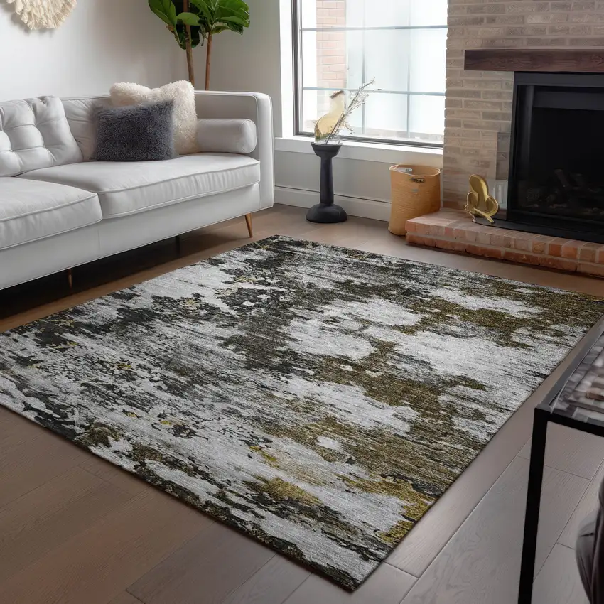 Taupe Brown And Gold Abstract Washable Indoor Outdoor Area Rug Photo 9