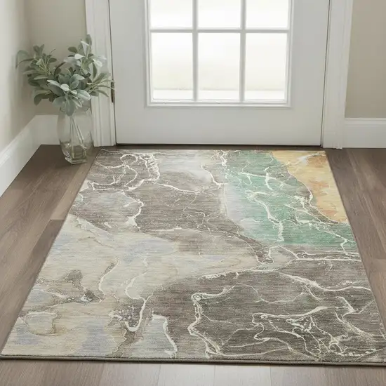 Taupe Brown And Gray Abstract Washable Area Rug With UV Protection Photo 2