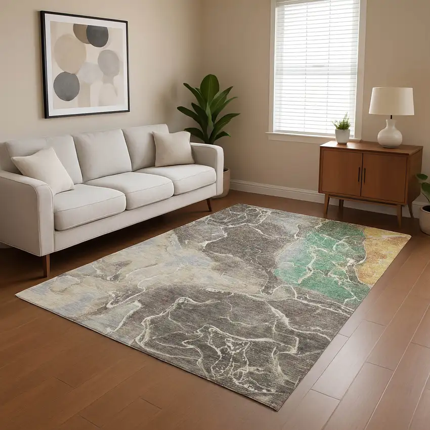 Taupe Brown And Gray Abstract Washable Area Rug With UV Protection Photo 4