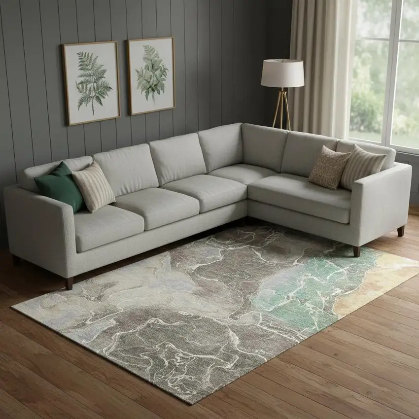 Taupe Brown And Gray Abstract Washable Area Rug With UV Protection Photo 2