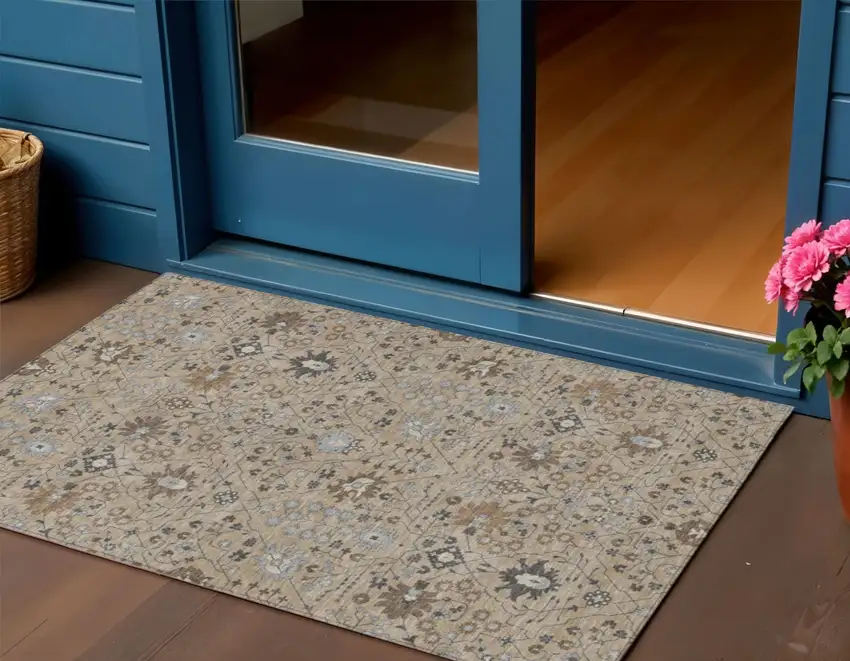 Taupe Brown And Gray Oriental Washable Indoor Outdoor Area Rug Photo 1