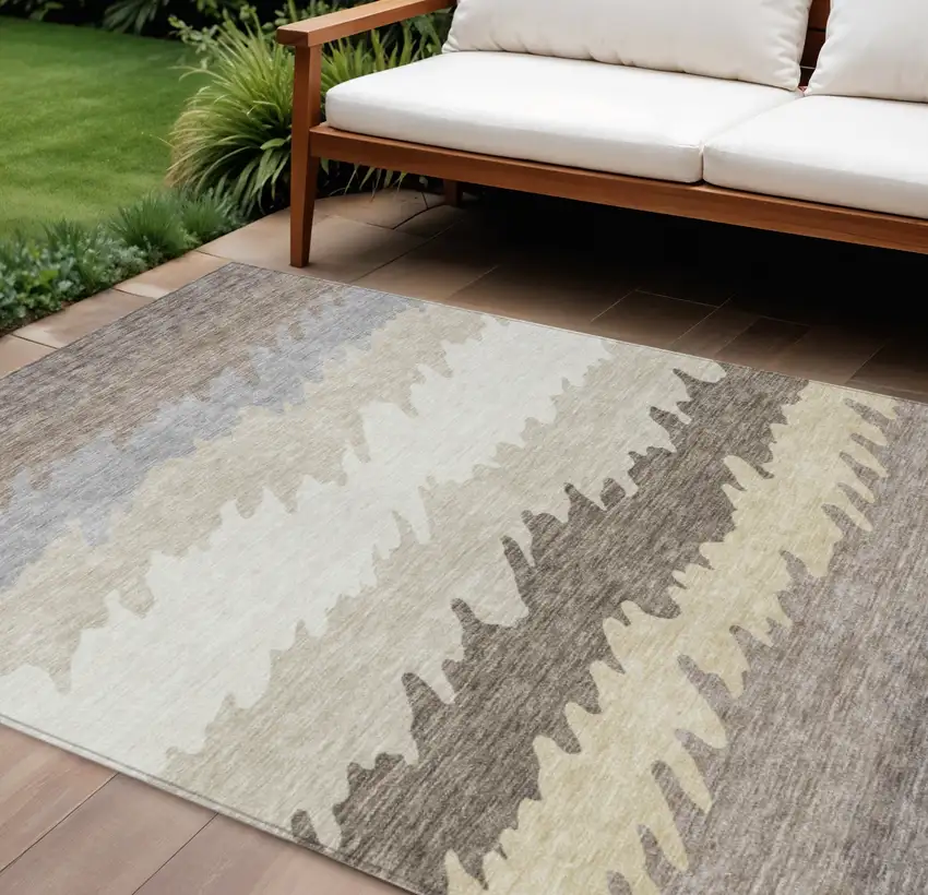 Taupe Brown And Gray Striped Washable Indoor Outdoor Area Rug Photo 1