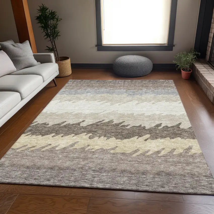 Taupe Brown And Gray Striped Washable Indoor Outdoor Area Rug Photo 8