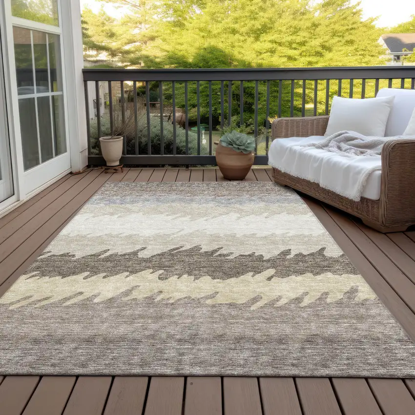 Taupe Brown And Gray Striped Washable Indoor Outdoor Area Rug Photo 7