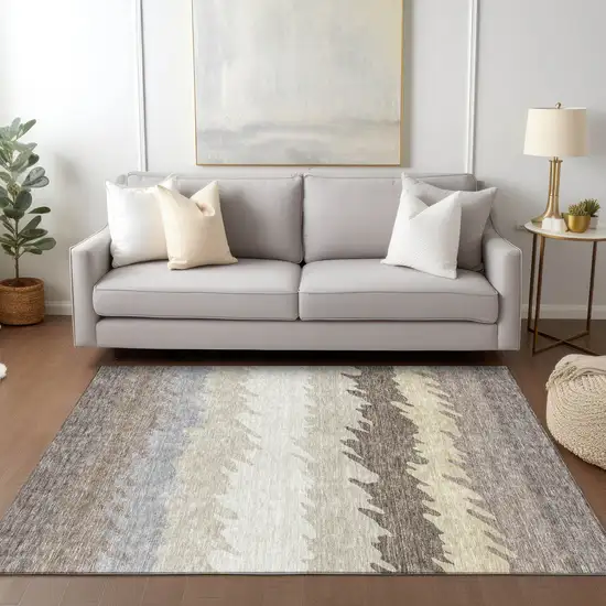 Taupe Brown And Gray Striped Washable Indoor Outdoor Area Rug Photo 8