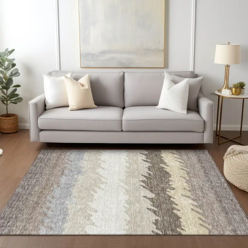 Taupe Brown And Gray Striped Washable Indoor Outdoor Area Rug Photo 8