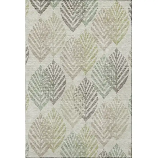 Taupe Brown And Green Floral Washable Area Rug With UV Protection Photo 4