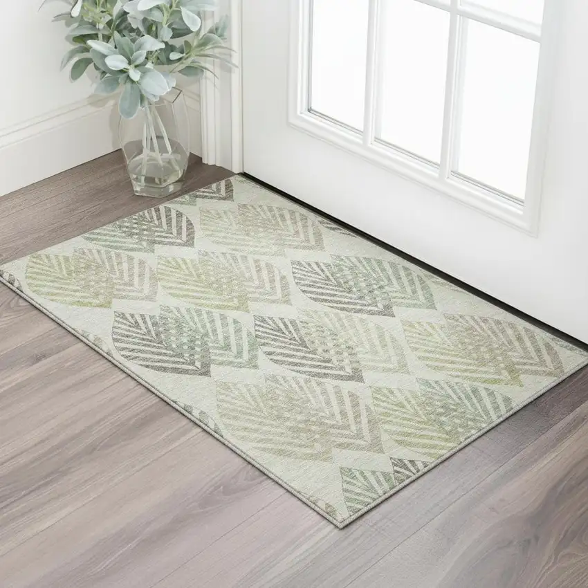 Taupe Brown And Green Floral Washable Area Rug With UV Protection Photo 2