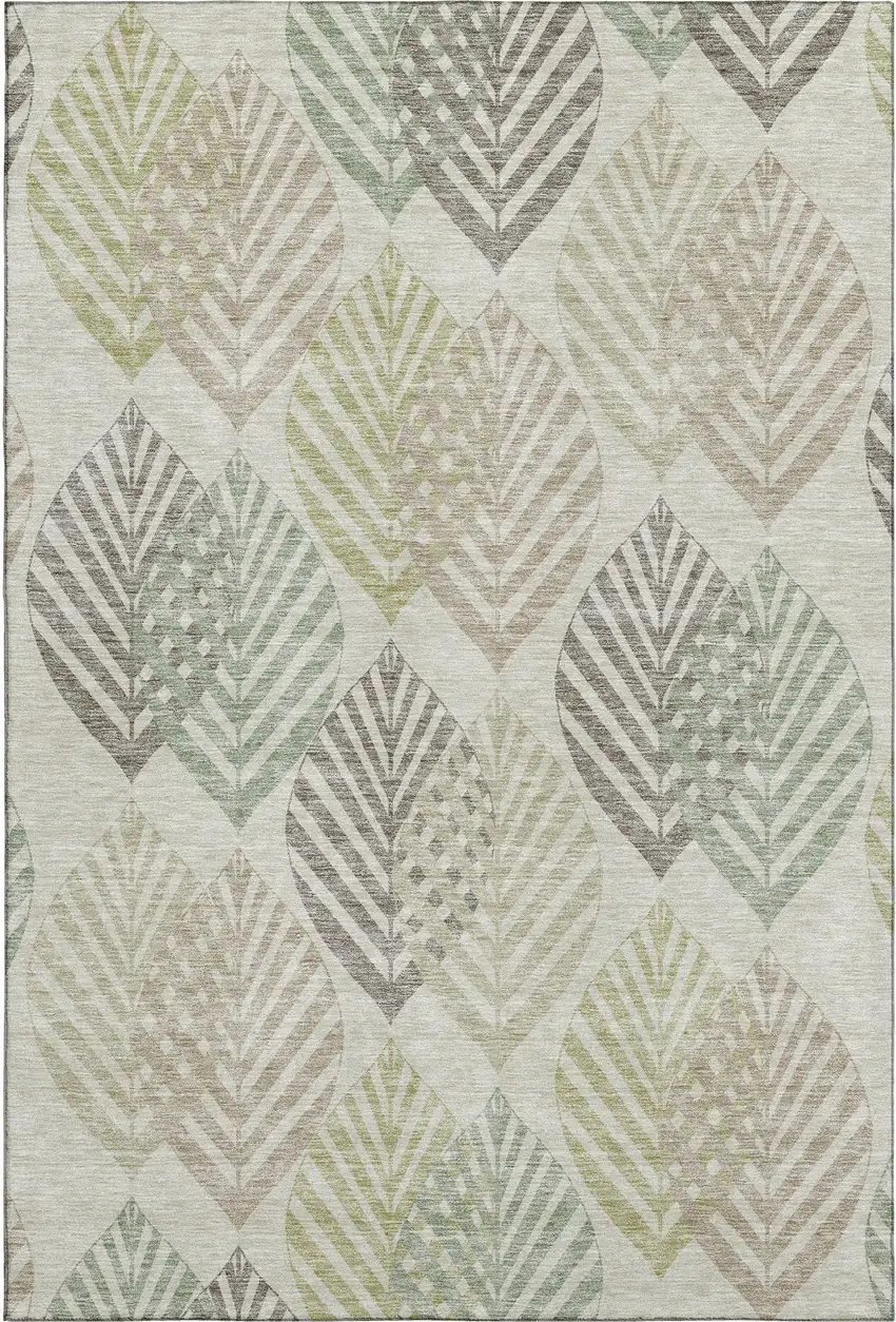 Taupe Brown And Green Floral Washable Area Rug With UV Protection Photo 1