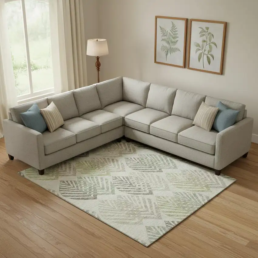 Taupe Brown And Green Floral Washable Area Rug With UV Protection Photo 1