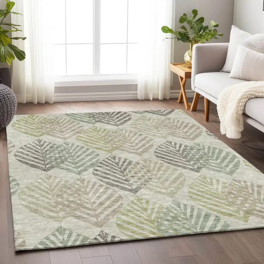 Taupe Brown And Green Floral Washable Area Rug With UV Protection Photo 5
