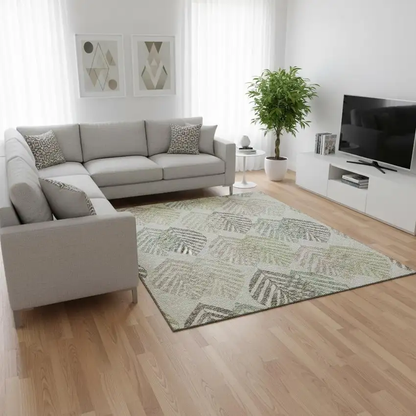 Taupe Brown And Green Floral Washable Area Rug With UV Protection Photo 2